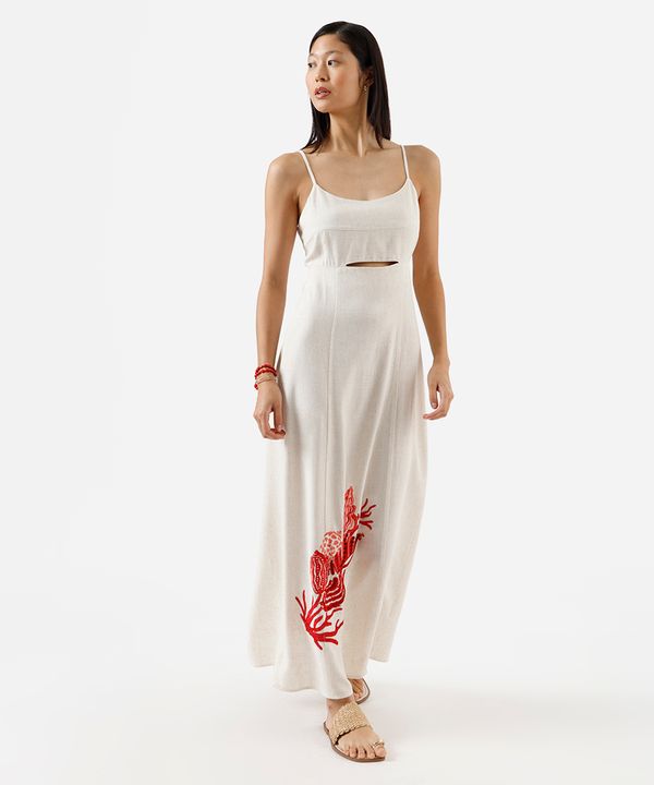 vestido midi alça fina feminino com linho e recorte bordado bege PP