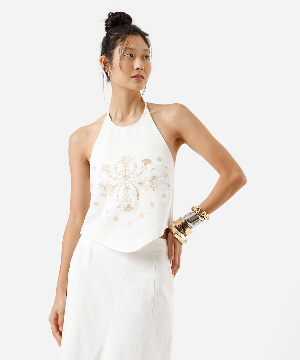 blusa frente única feminina de sarja com bordado floral off white