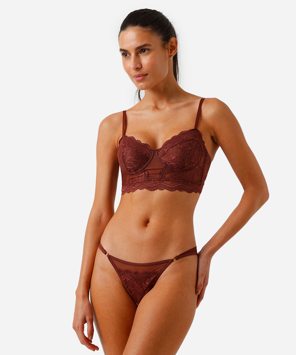 Vista 2 calcinha fio dental com renda C&A Marrom C&A Marrom