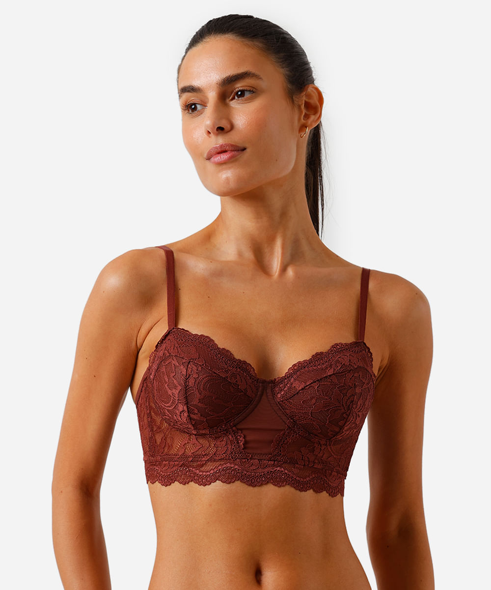 sutiã meia taça cropped com renda marrom
