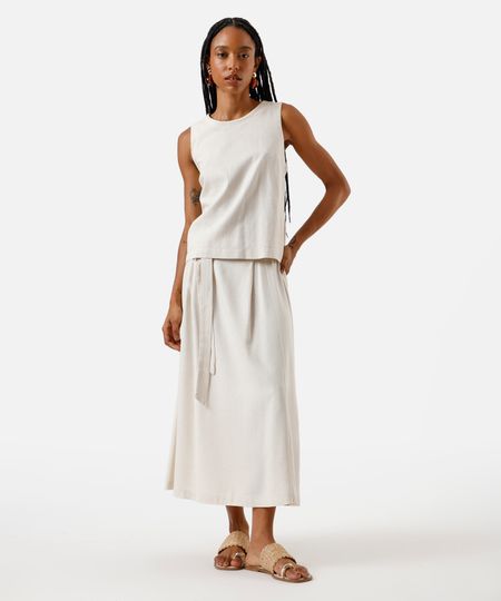 saia midi com linho e pregas bege 38 saia midi com linho e pregas bege 38