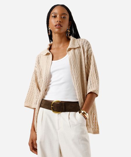 camisa feminina de tricot aberta bege PP