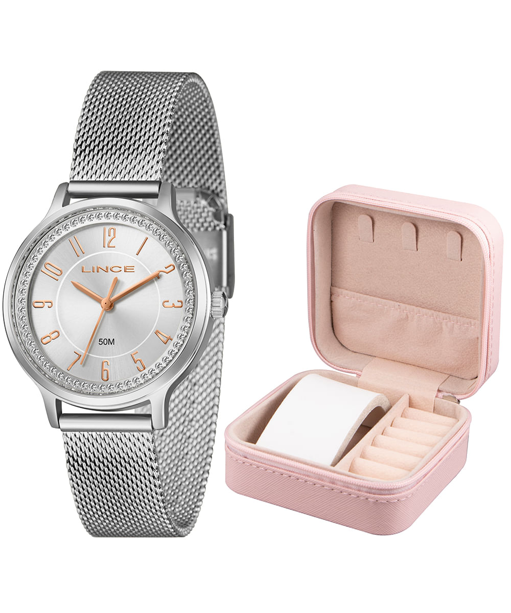 kit relógio feminino lince analógico lrmh260l36 s2sx pj prateado