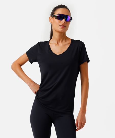 camiseta feminina de poliamida decote v esportiva ace preta G