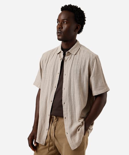 camisa texturizada manga curta algodao - kaki claro M camisa texturizada manga curta algodao - kaki claro M