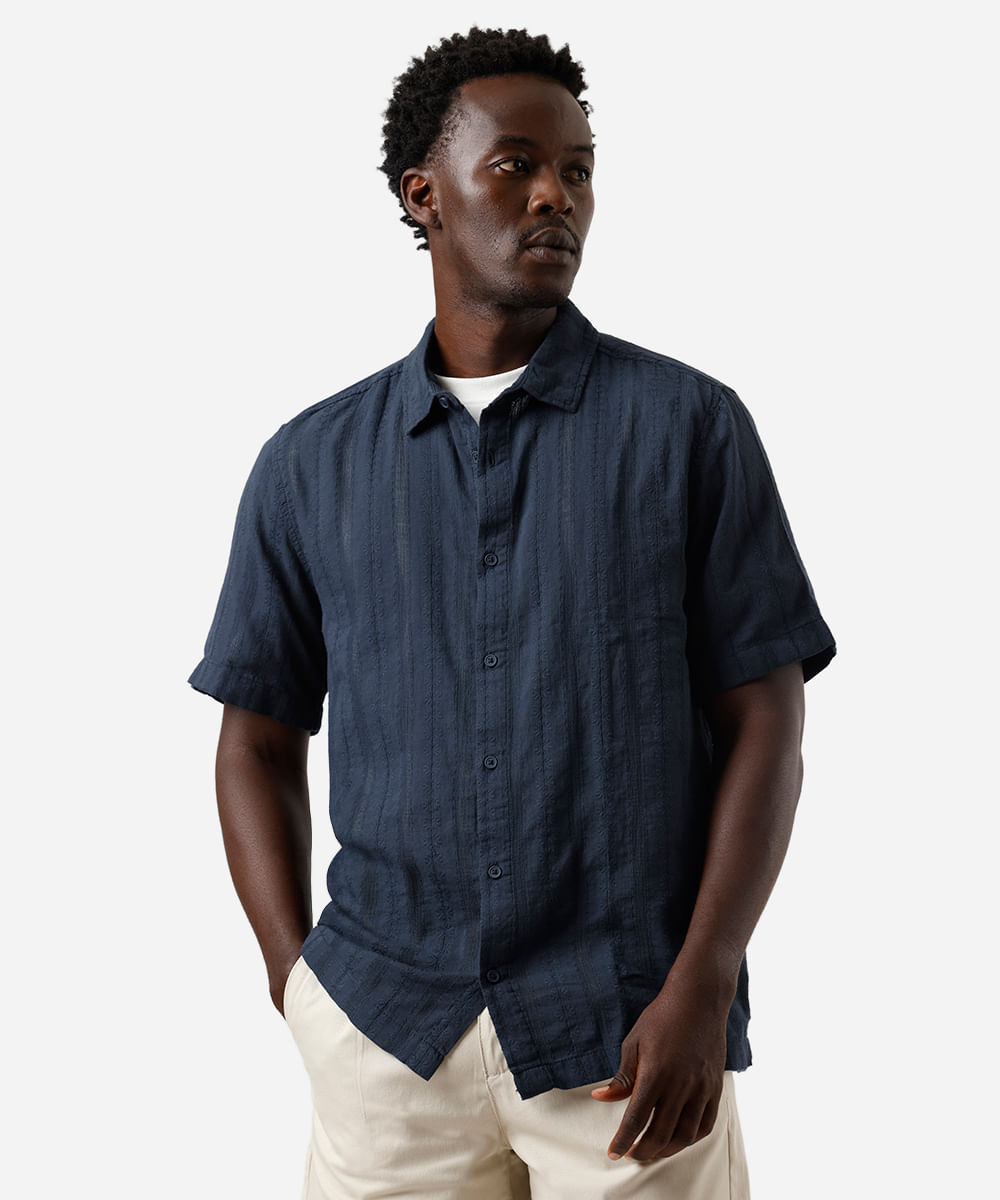 camisa masculina algodão manga curta - azul marinho