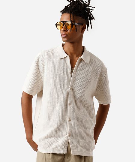camisa masculina de tricot manga curta texturizada bege M camisa masculina de tricot manga curta texturizada bege M
