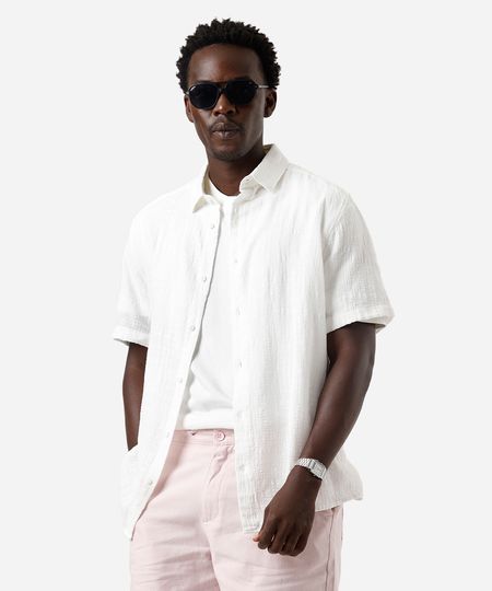 camisa texturizada manga curta algodao - branco M camisa texturizada manga curta algodao - branco M