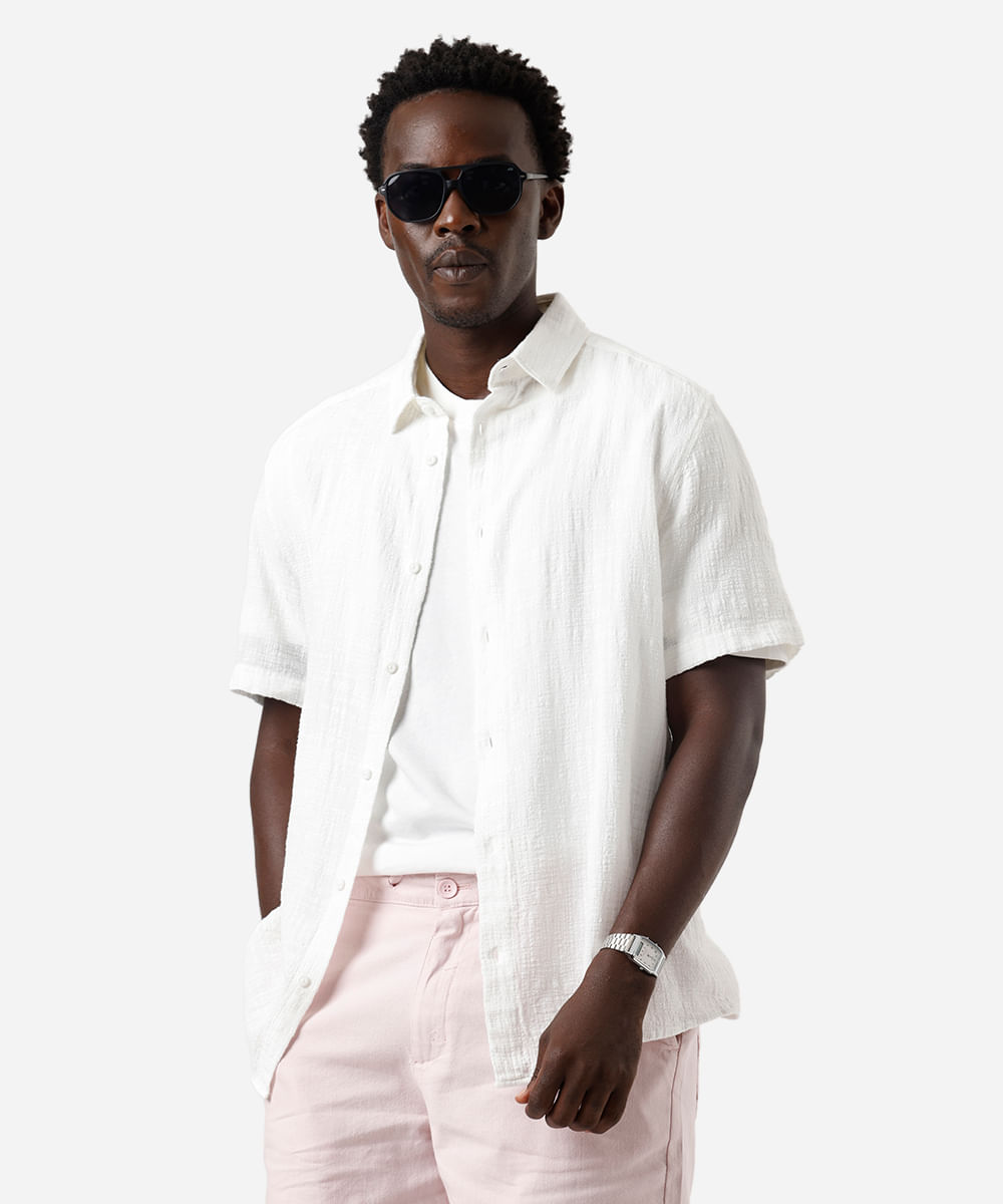 camisa texturizada manga curta algodao - branco