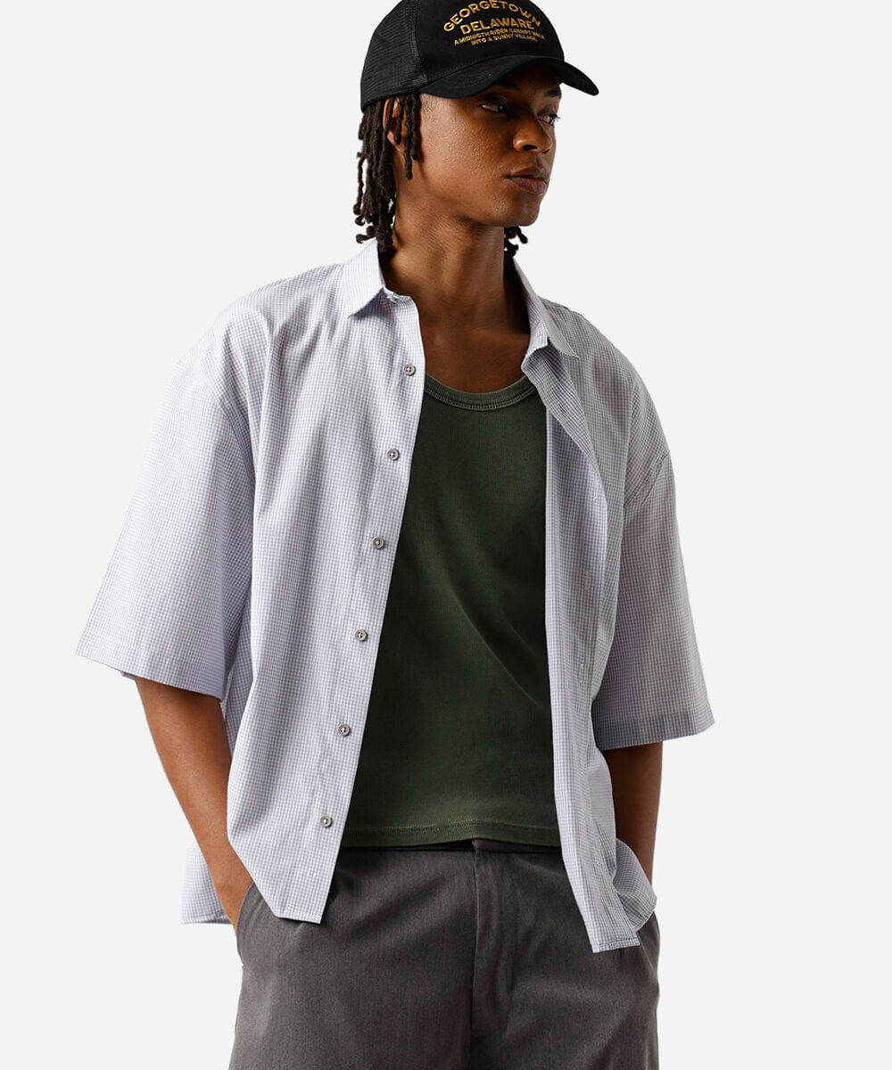 camisa box masculina com algodão manga curta xadrez azul