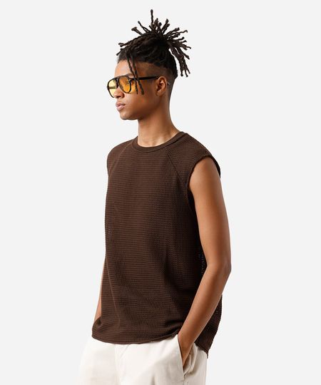 regata raglan masculina de tricot texturizada marrom P
