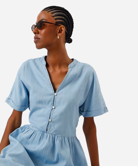 vestido curto feminino jeans decote v azul P