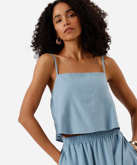 blusa cropped feminina alça fina com linho azul PP blusa cropped feminina alça fina com linho azul PP