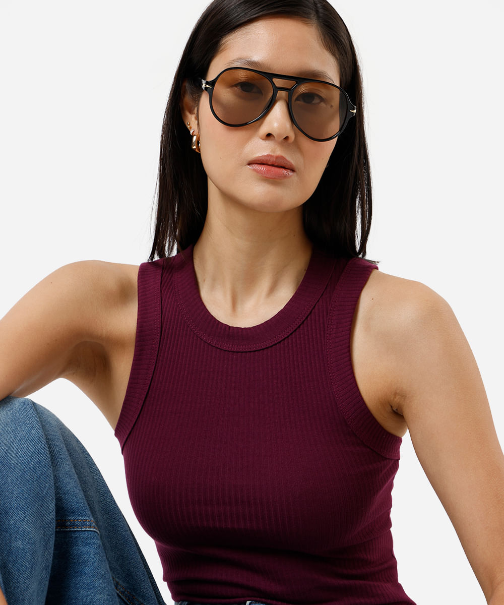 regata básica feminina de algodão canelada roxa