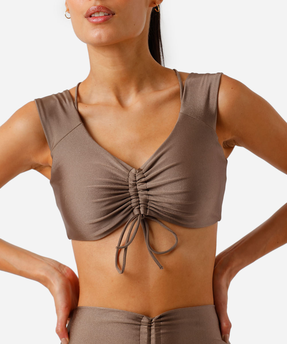top feminino esportivo ace franzido marrom