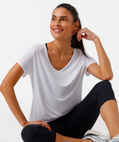 camiseta feminina de poliamida decote v esportiva ace branca P