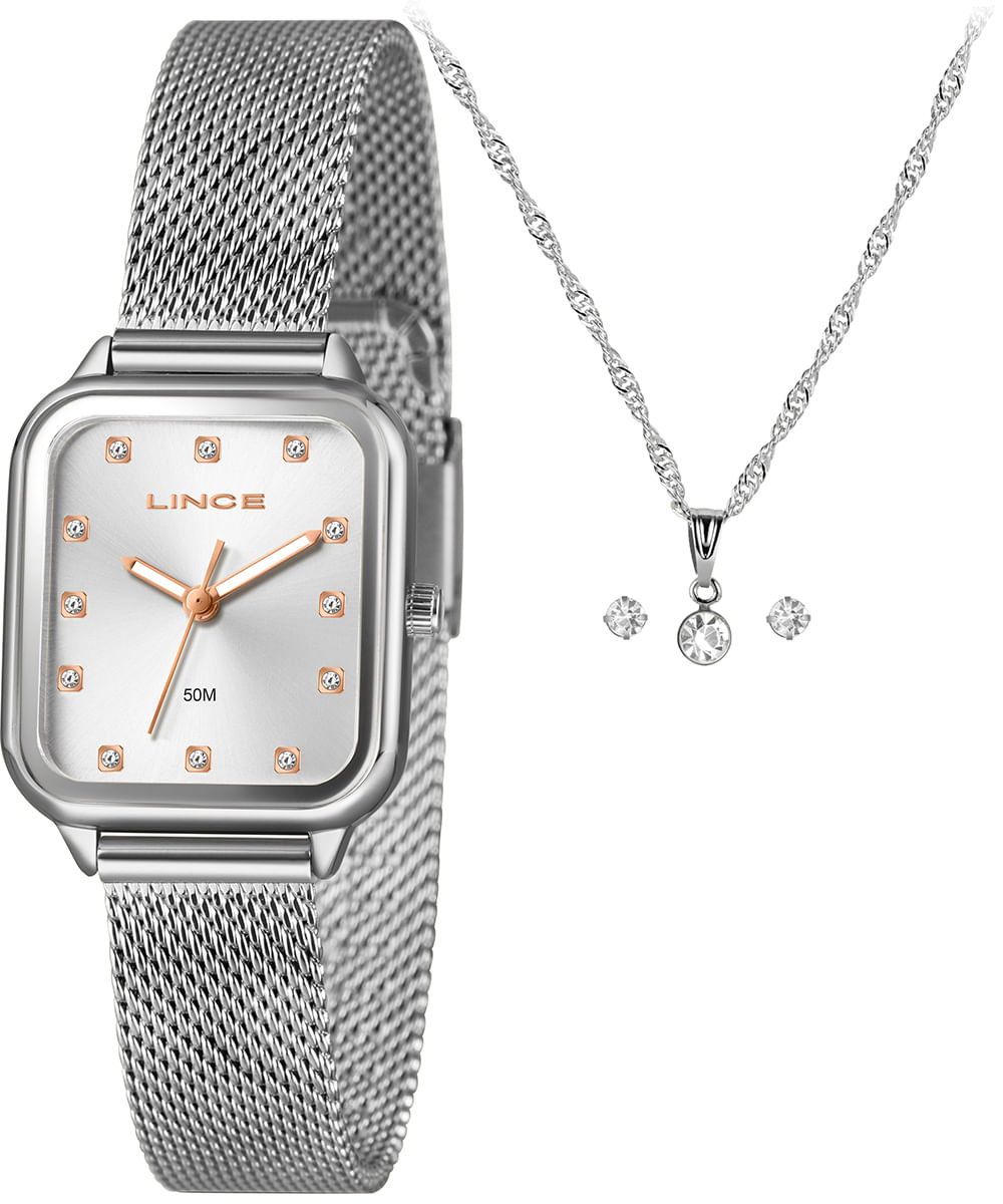 kit relógio feminino lince analógico lqmh253l26 kacws1sx prateado