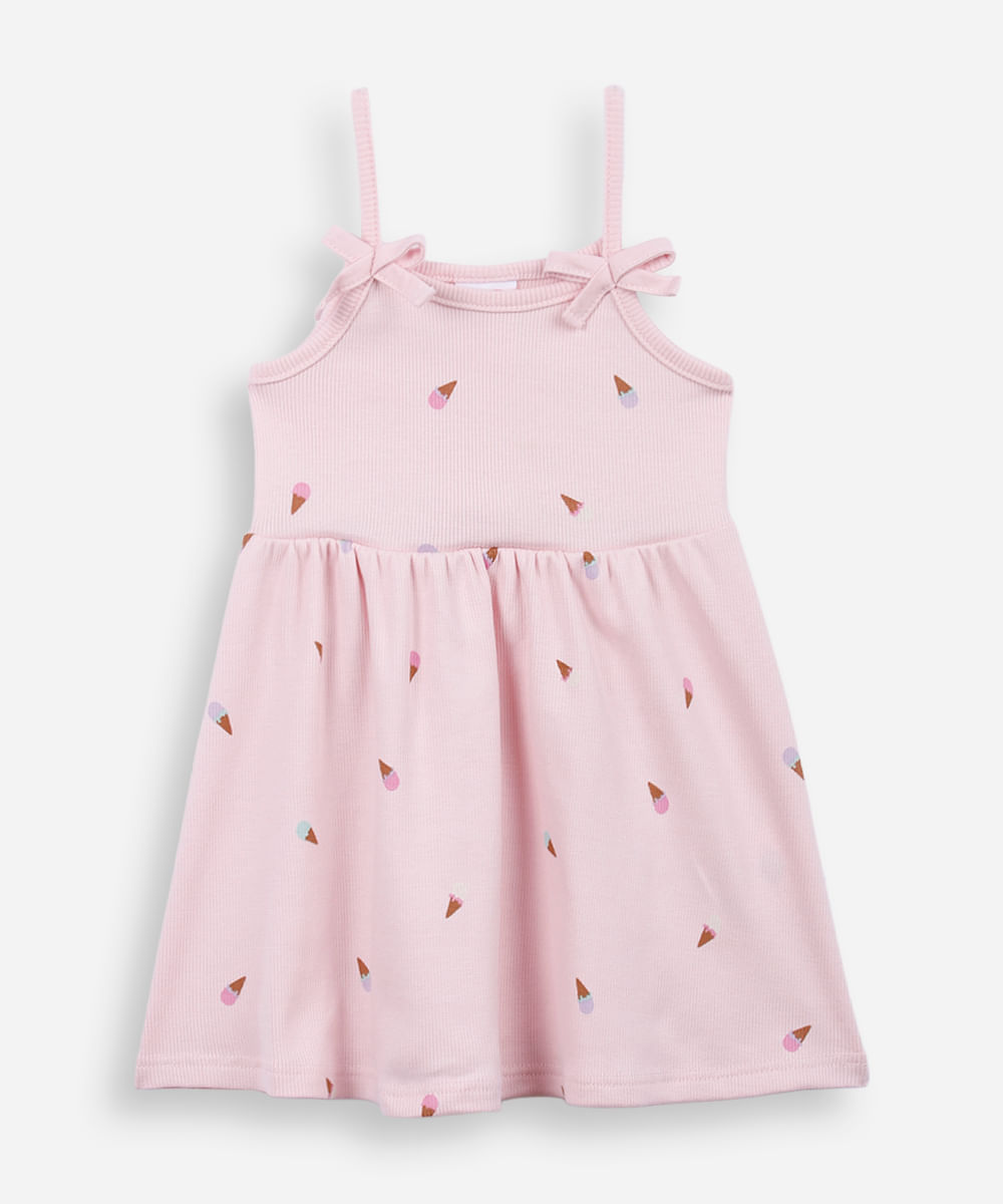 vestido infantil de algodão alça fina sorvetes canelado rosa