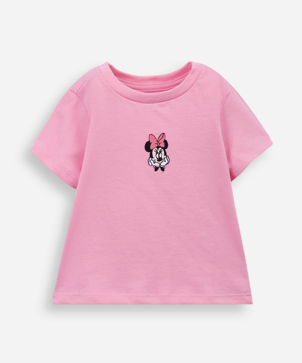 camiseta infantil de algodão bordado minnie rosa