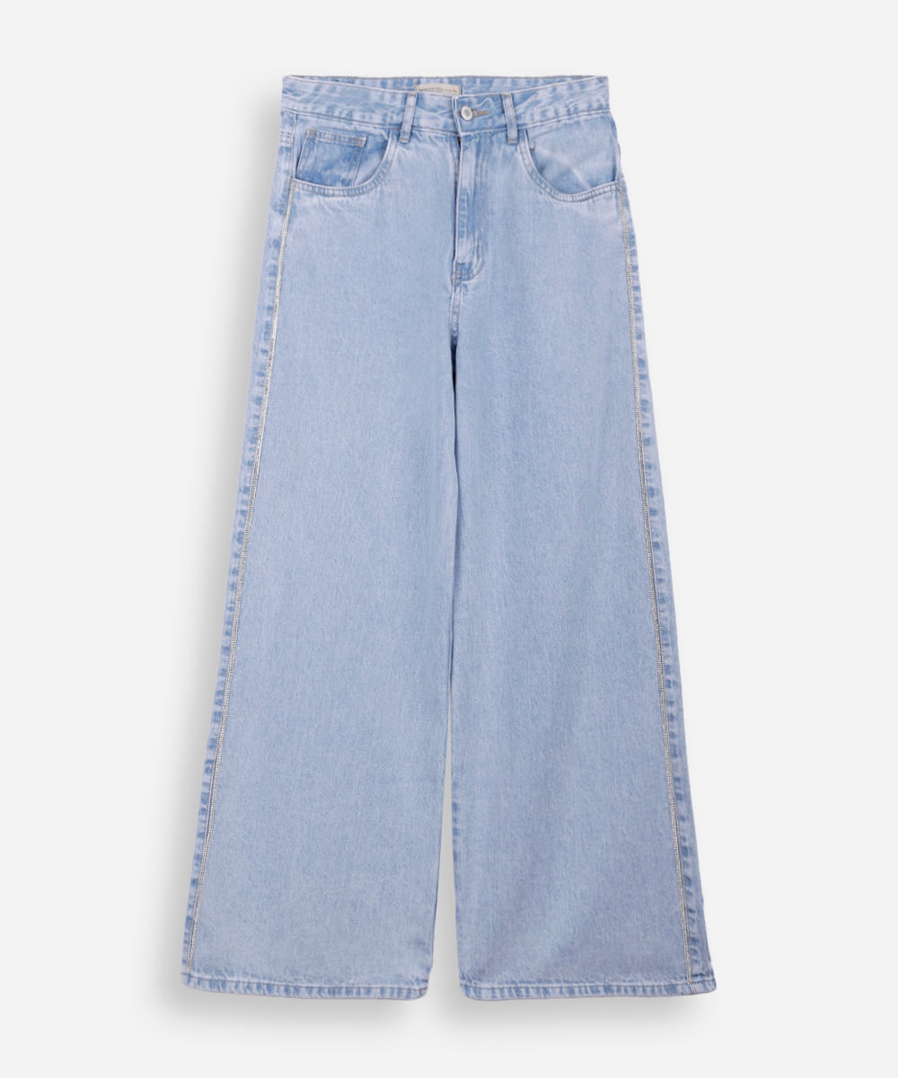 calça jeans wide leg brilhos azul