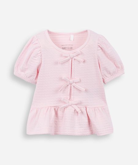 blusa de algodão infantil com lacinho texturizada rosa 1 blusa de algodão infantil com lacinho texturizada rosa 1