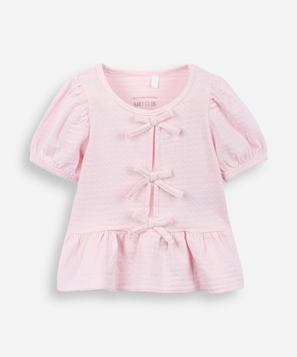 blusa de algodão infantil com lacinho texturizada rosa
