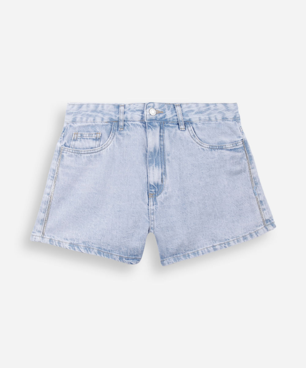 short mom juvenil jeans com brilhos azul