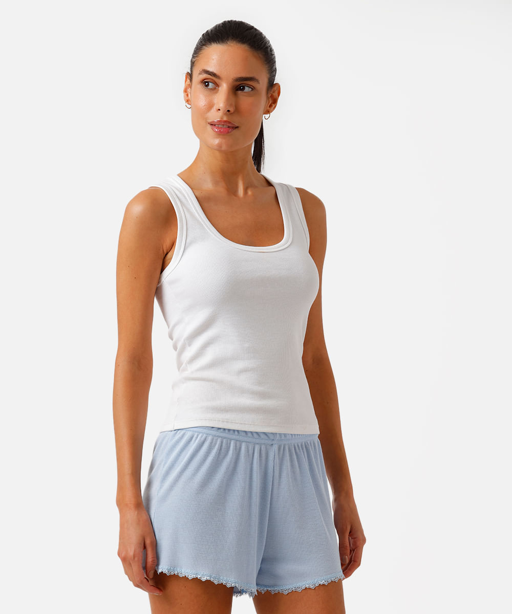 short de pijama feminino avulso com renda canelado azul