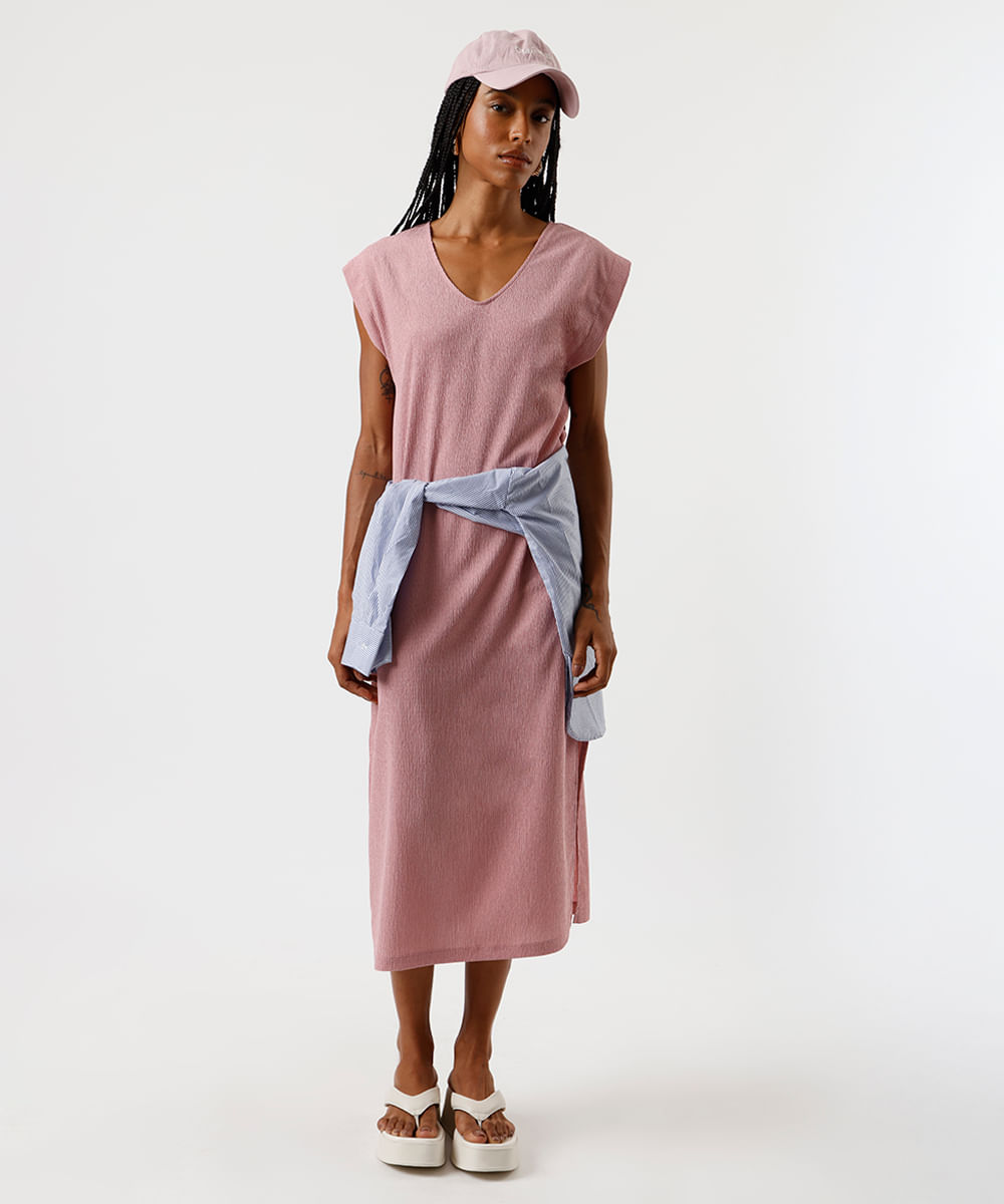 vestido midi muscle feminino com fendas texturizado básico rosa