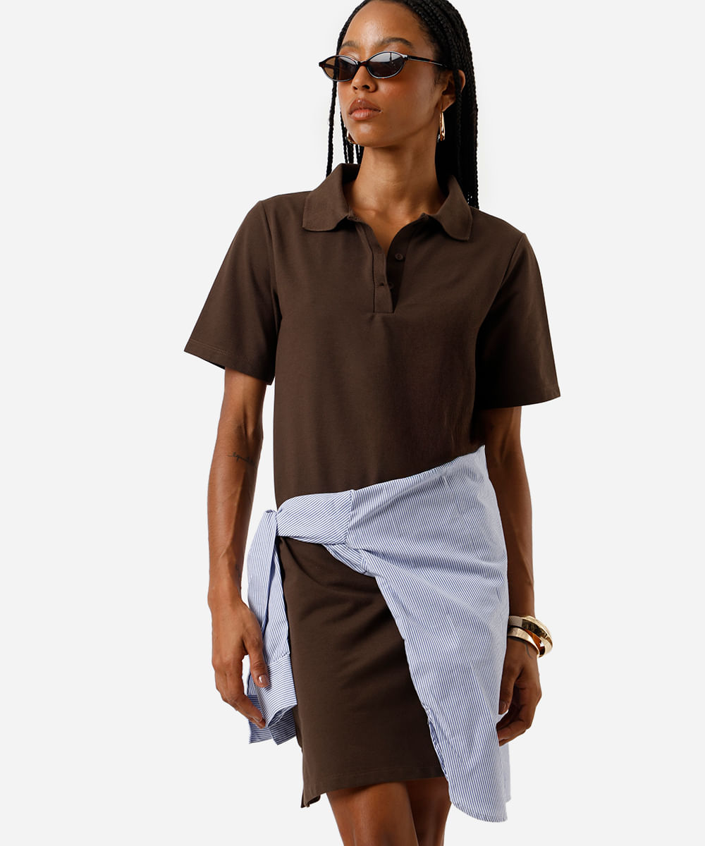 vestido polo feminino com algodão básico marrom