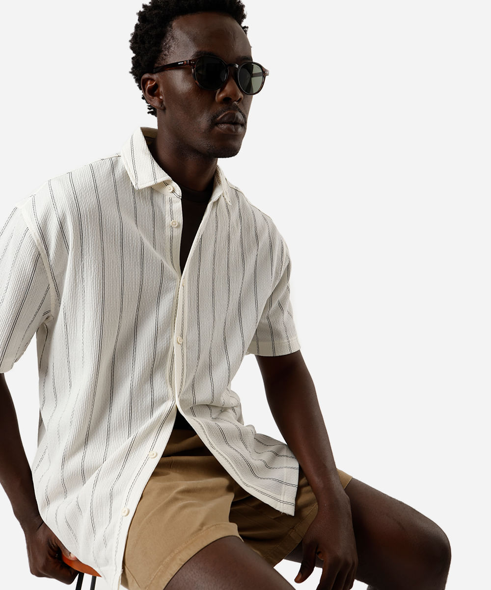 camisa masculina manga curta listras - off white