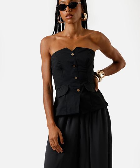 top corset feminino de alfaiataria com botão e lapela preto P top corset feminino de alfaiataria com botão e lapela preto P