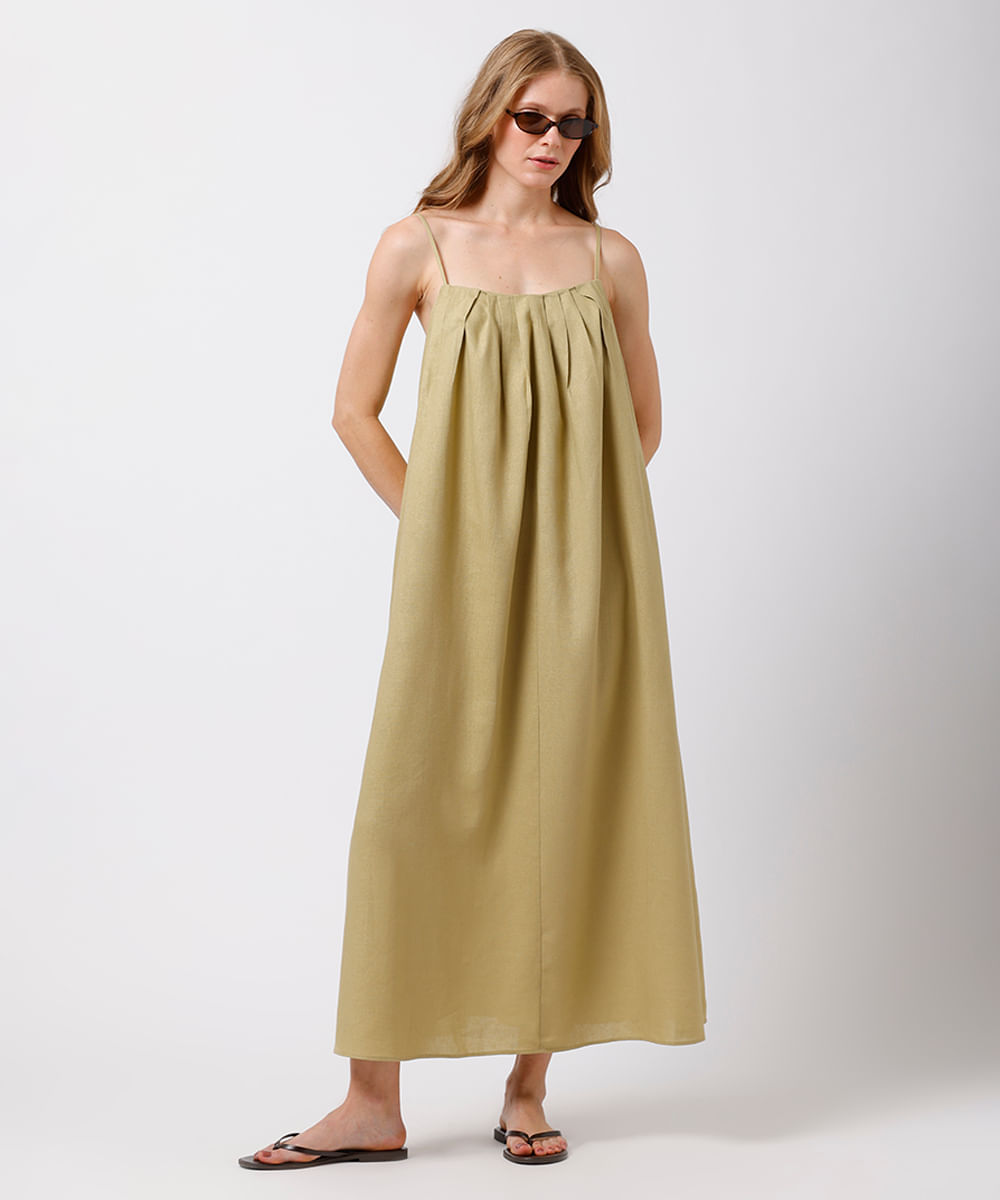 vestido midi alça fina feminino com linho e pregas mindset verde