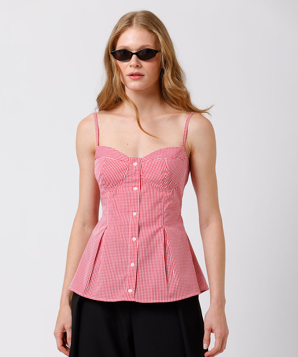 blusa peplum feminina de algodão alça fina xadrez mindset vermelha