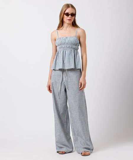 calça wide leg feminina de sarja listrada mindset azul 44