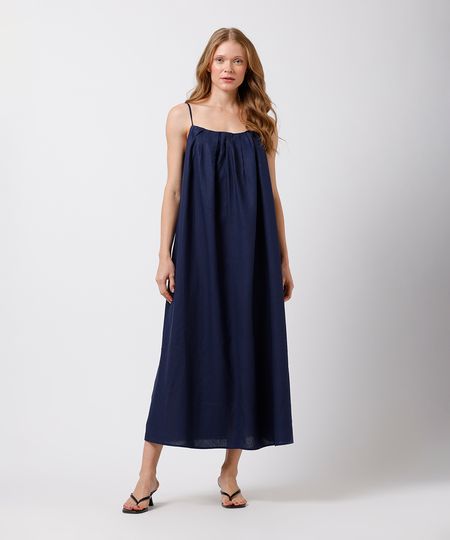 vestido midi alça fina feminino com linho e pregas mindset azul M vestido midi alça fina feminino com linho e pregas mindset azul M