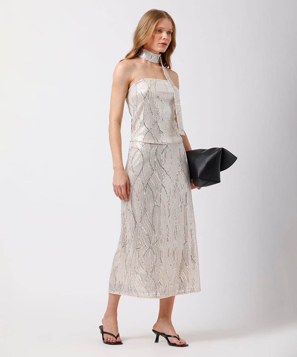 saia midi feminina de paetê mindset bege