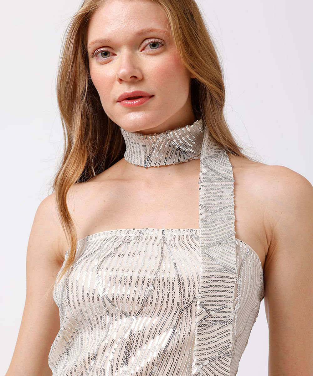 blusa sem alça feminina de paetê com lenço mindset bege