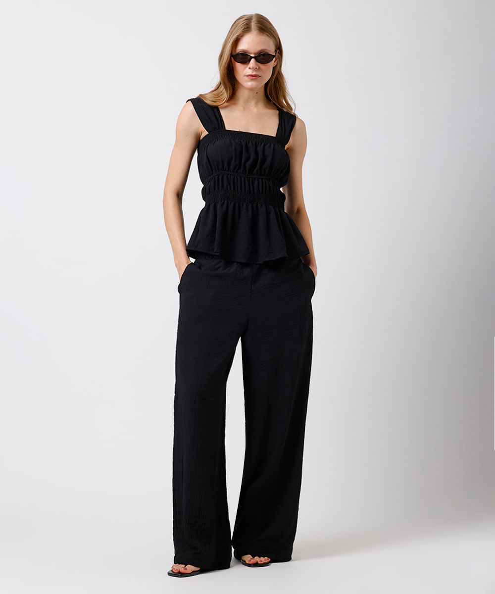 calça estilo pijama feminina texturizada cós elástico preta