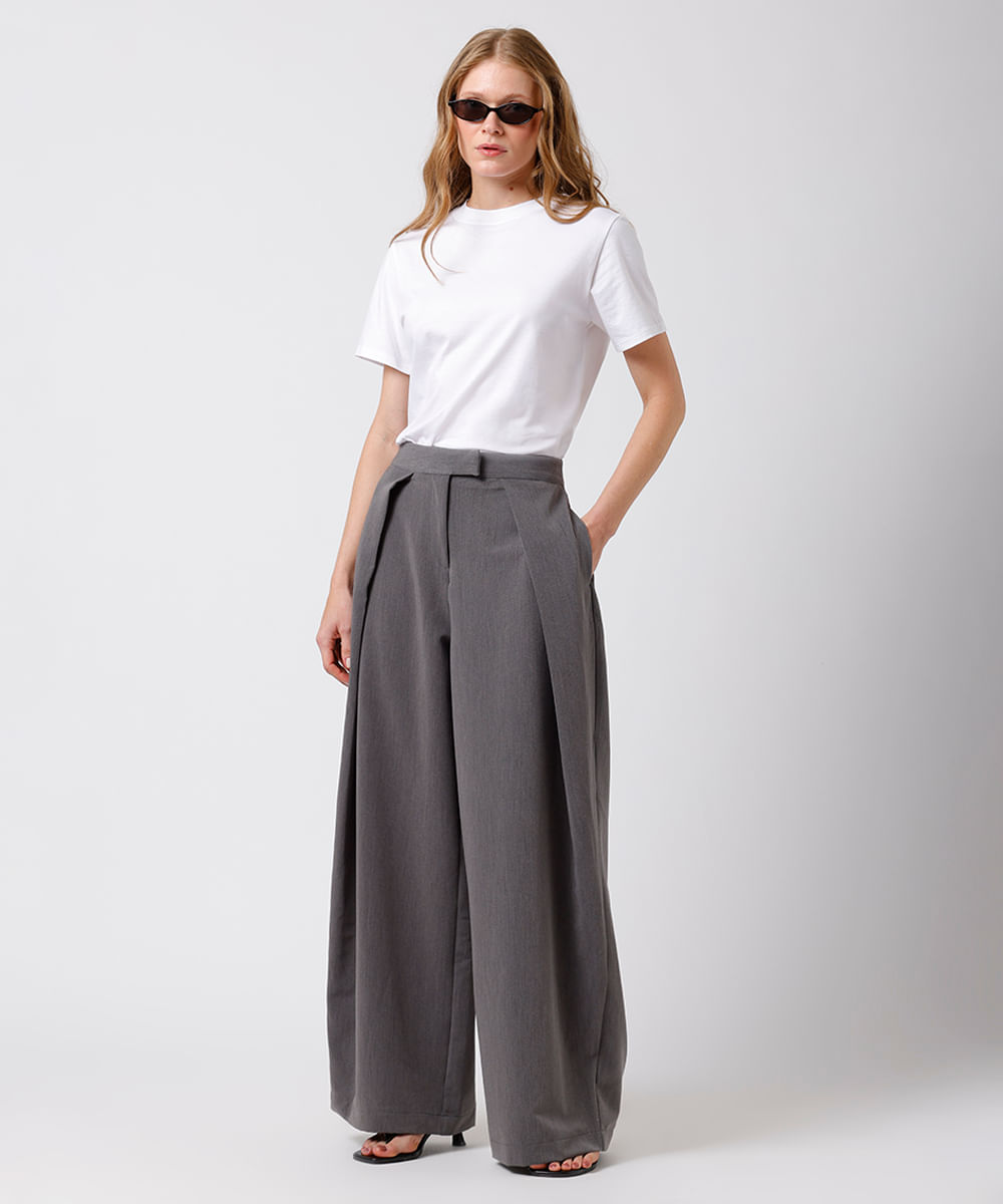 calça feminina de alfaiataria com pregas mindset cinza