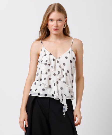 regata alça fina feminina com babados poá mindset off white PP