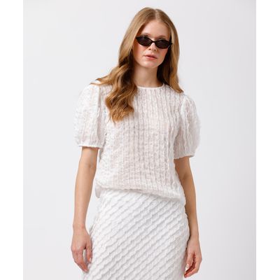 blusa feminina manga bufante com babados mindset off white