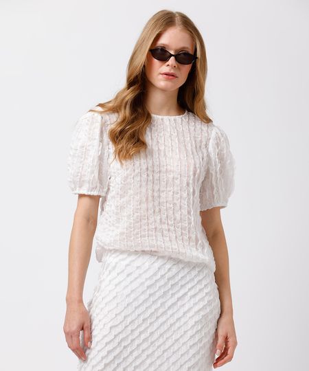 blusa feminina manga bufante com babados mindset off white PP blusa feminina manga bufante com babados mindset off white PP