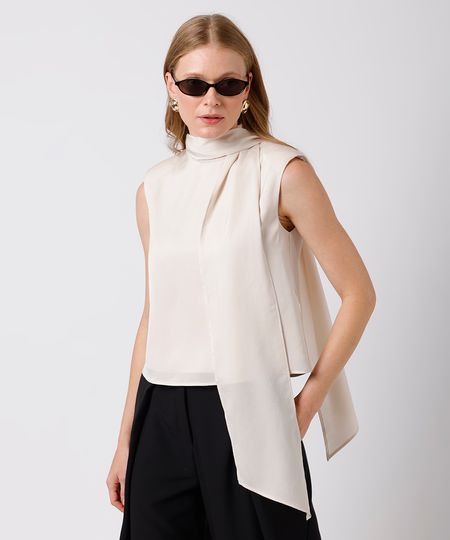 blusa feminina acetinada com lenço mindset bege M blusa feminina acetinada com lenço mindset bege M