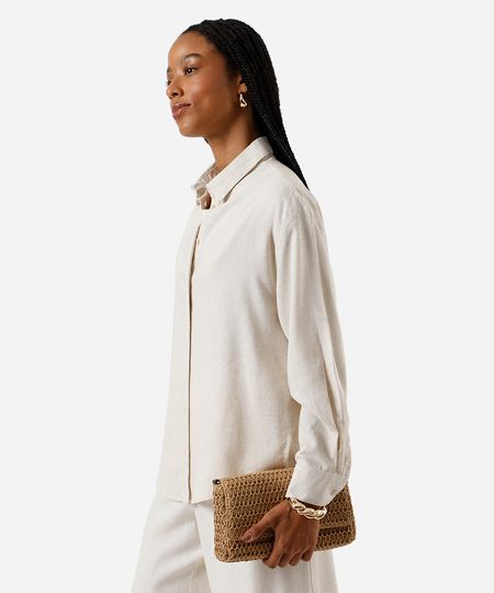 camisa feminina com linho oversized bege P camisa feminina com linho oversized bege P