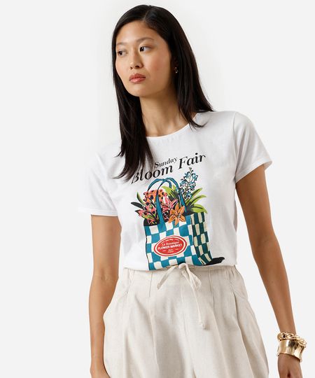 camiseta feminina de algodão floral off white G camiseta feminina de algodão floral off white G