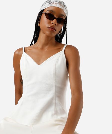 blusa peplum feminina alça fina de sarja off white M blusa peplum feminina alça fina de sarja off white M