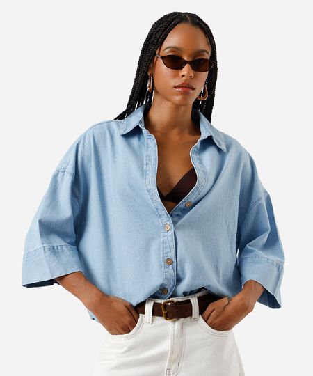 camisa feminina jeans oversized azul P camisa feminina jeans oversized azul P