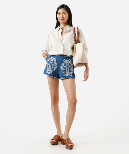 short feminino jeans com bordado azul 34