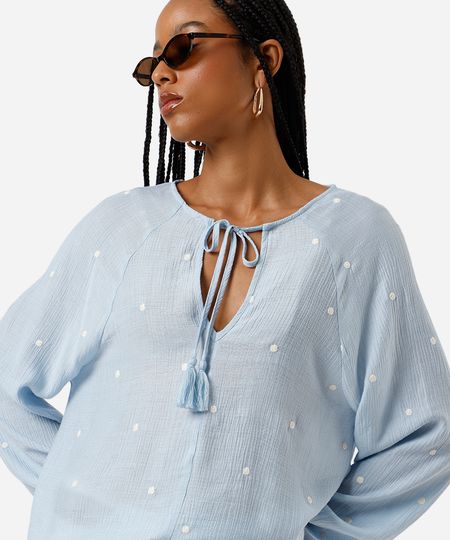 bata feminina com viscose bordado poá azul M